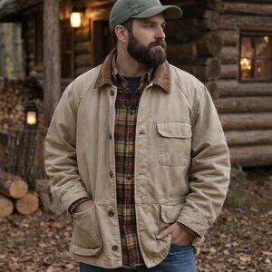 Eddie Bauer VTG SZ L Cotton Tan Chore Jacket Corduroy Collar Down Plaid Liner